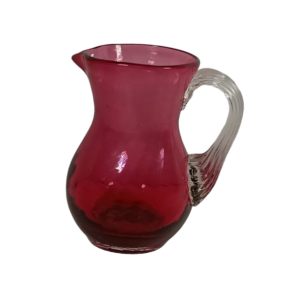 Pilgrim Cranberry Glass Small Pitcher Creamer 4" Reed Handle Vintage - Picture 2 of 11